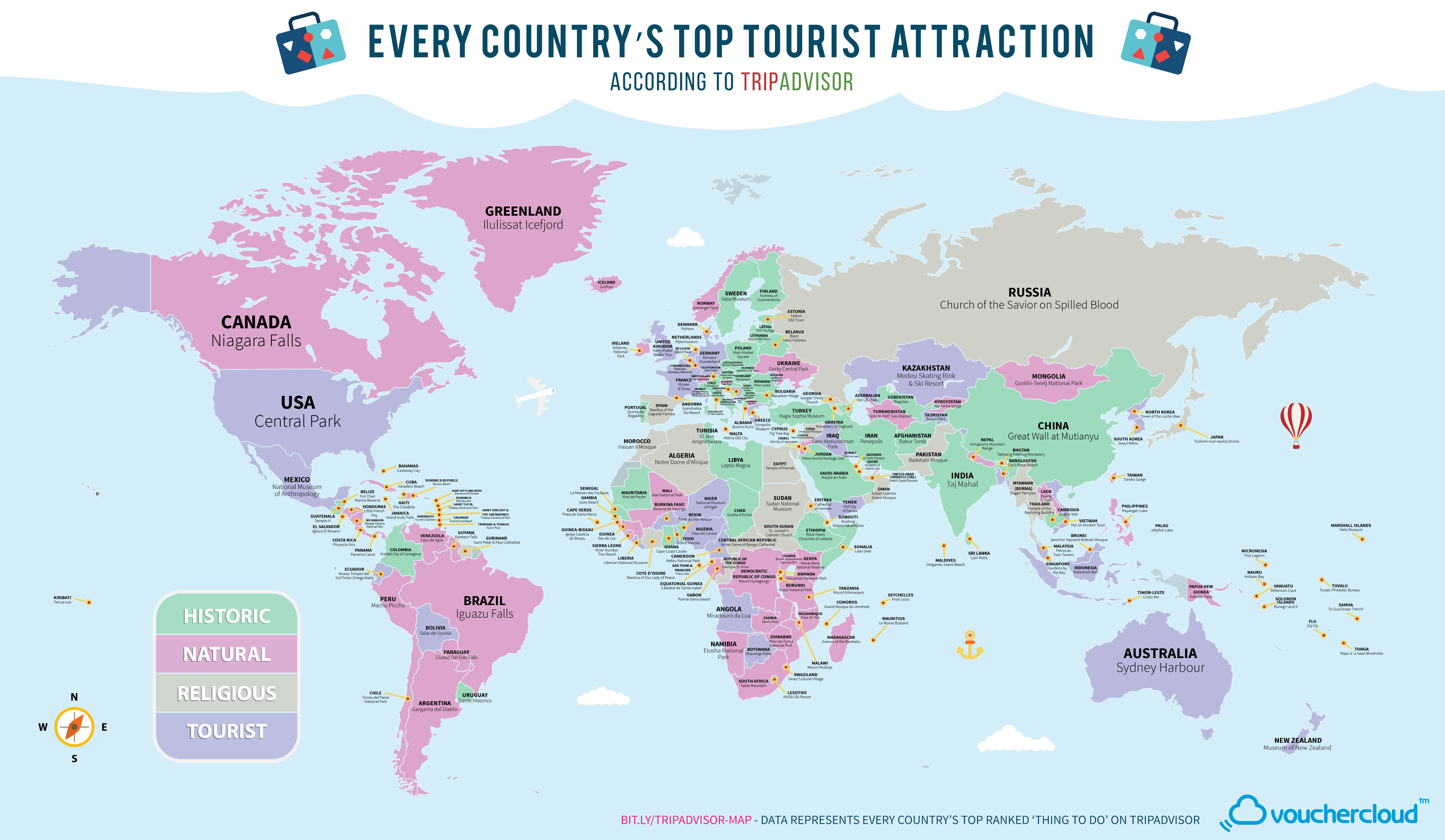 Bản đồ thế giới về điểm du lịch phổ biến nhất ở mỗi quốc gia
